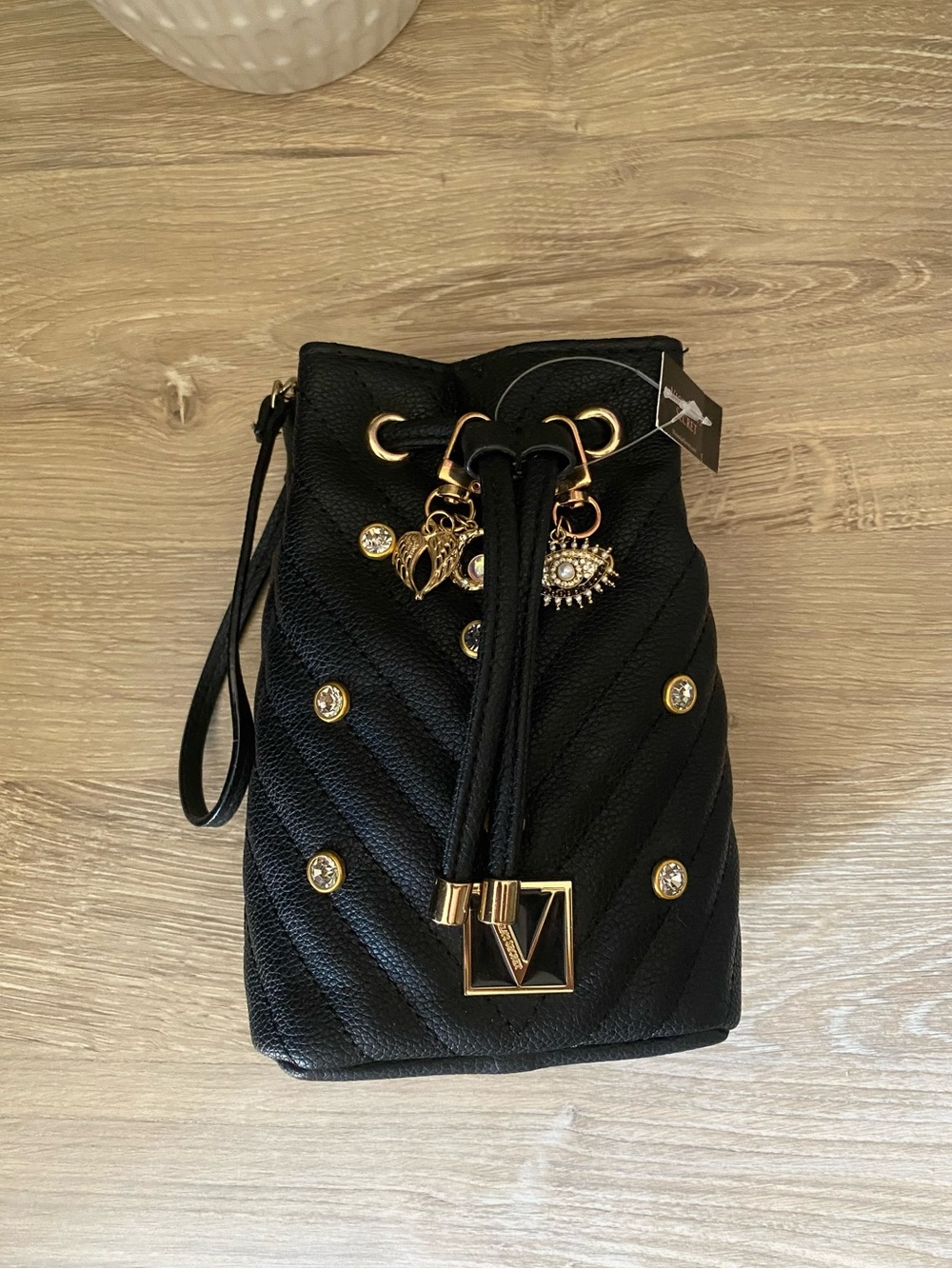 PINK Victoria's Secret Black Quilted Drawstring Wristlet with Gold Accents